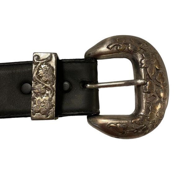 Vintage Brighton Black Leather Embossed Western Belt - Picture 2 of 6